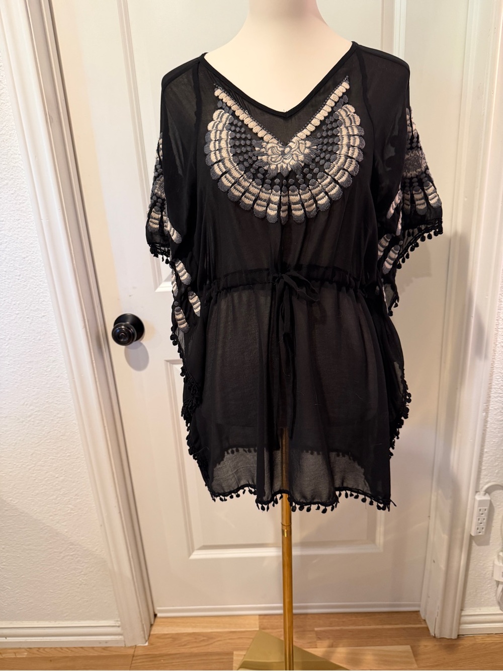Black Embroidered V-Neck Tunic Top - Women